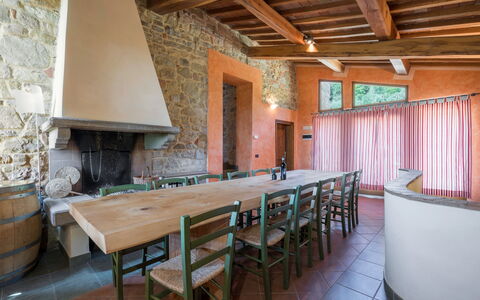 Casolare Torre With Pool And Ac: Furniture, Wood, Interior Design, Table, Ceiling, Flooring, Kitchen & Dining Room Table, Chair, Room, Dining Room