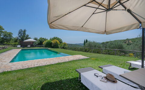 Chiara House In Galenda, Chianti, Pool And Nature: Plant, Water, Property, Building, Umbrella, Azure, Shade, Architecture, Outdoor Furniture, Interior Design