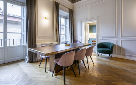 Albizi Penthouse Luxury Apartment In Florence By P: Table, Property, Furniture, Window, Building, Wood, Hall, Picture Frame, Chair, Interior Design
