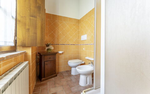 Marcigliana Cottage, Pool, Radicondoli: Plumbing Fixture, Building, Bathroom, Window, Cabinetry, Interior Design, Sink, Floor, Wood