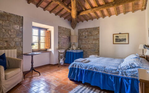 La Palazzina, Ville Di Corsano, Home And Pool: Wall, Furniture, Linens, Home, Bedroom, Bed Frame, Stone Wall, Bed, Chair, Bedding