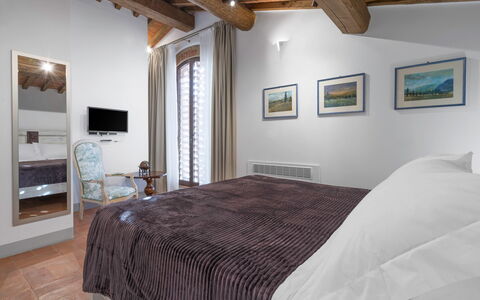 La Capanna, Borgo Campassini, Monteriggioni: Interior Design, Furniture, Bedroom, Bed, Ceiling, Room, Floor, Flooring, Home, Lighting