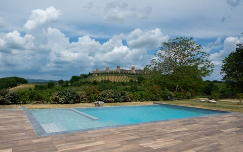 Le Torri, Borgo Campassini, Monteriggioni: Swimming Pool, Garden, Flagstone, Landscaping, Shade, Wood Flooring, Walkway, Backyard, Outdoor Furniture, Tile