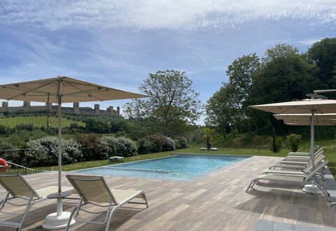 Le Torri, Borgo Campassini, Monteriggioni: Swimming Pool, Outdoor Furniture, Furniture, Sunlounger, Chair, Composite Material, Shade, Garden, Resort, Umbrella
