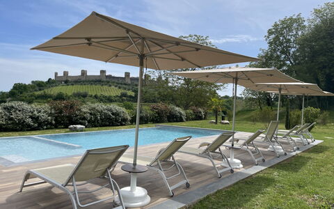 Il Borgo, Borgo Campassini, Monteriggioni: Furniture, Umbrella, Outdoor Furniture, Chair, Shade, Outdoor Table, Table, Sunlounger, Garden, Canopy