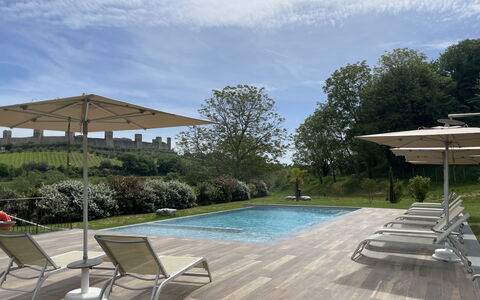 Il Borgo, Borgo Campassini, Monteriggioni: Swimming Pool, Outdoor Furniture, Furniture, Sunlounger, Chair, Composite Material, Shade, Garden, Resort, Umbrella