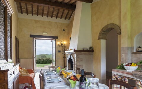 Podere Aurora: Furniture, Home, Table, Farmhouse, Chair, Kitchen & Dining Room Table, Villa, Shelving, Houseplant, Dining Room