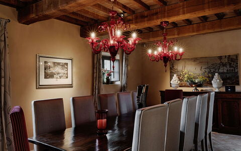 Villa Collinette: Furniture, Interior Design, Wall, Chandelier, Red, Light Fixture, Ceiling, Lighting, Table, Dining Room