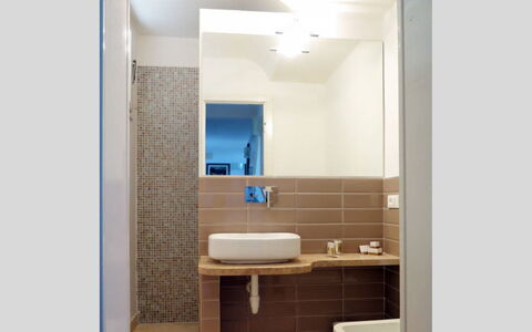 Terrazza Dell'Elba: Wall, Bathroom, Flooring, Interior Design, Plumbing Fixture, Floor, Bathroom Sink, Plumbing, Mirror, Sink