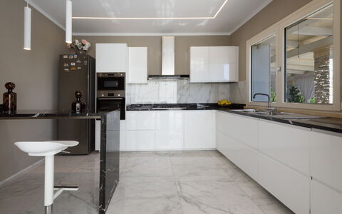 Villa Fiumetto: Furniture, Kitchen, Interior Design, Countertop, Flooring, Cabinetry, Wood, Floor, Kitchen Appliance, Home