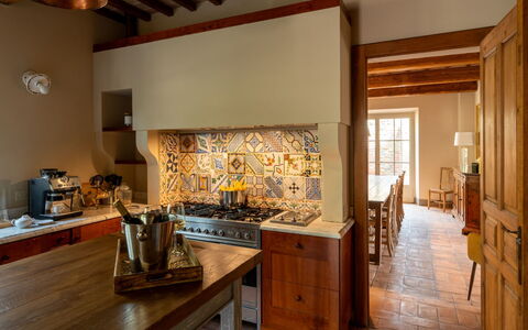 Villa Domus Papi: Kitchen, Flooring, Interior Design, Wood, Furniture, Floor, Countertop, Ceiling, Lighting, Room