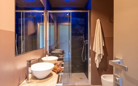 Villa Feronia: Interior Design, Flooring, Wall, Plumbing Fixture, Bathroom, Floor, Lighting, Furniture, Plumbing, Tap