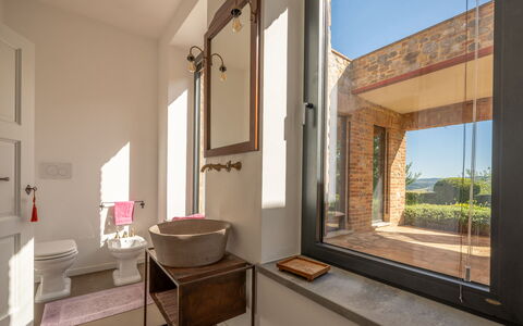 Podere Vigna Nuova: Wall, Interior Design, Furniture, Room, Ceiling, Brick, Chair, Wood Stain, Plumbing Fixture, Houseplant