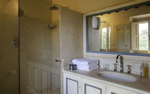 Podere Bella Vista: Wall, Plumbing Fixture, Bathroom Sink, Interior Design, Flooring, Bathroom, Sink, Mirror, Floor, Tap