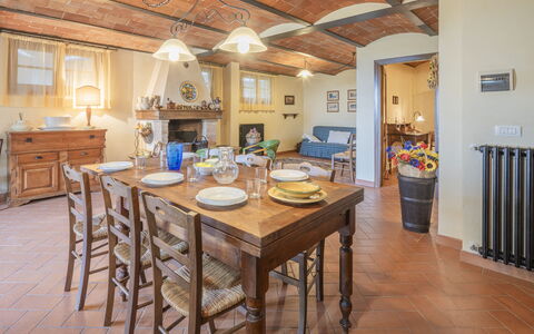 Casa Viola Pool, Wifi, Montaione: Furniture, Interior Design, Flooring, Table, Wood, Ceiling, Chair, Floor, Dining Room, Room