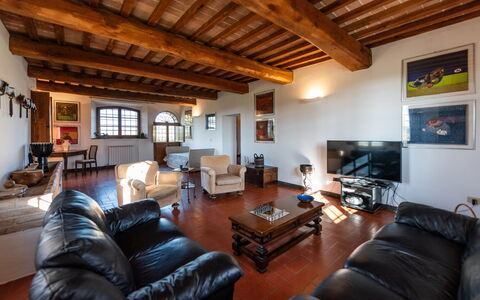 Country House In Tuscan Hills: Apartment, Home, Furniture, Wood Flooring, Villa, Couch, Hotel, Living Room, Daylighting