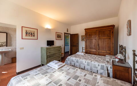 Country House In Tuscan Hills: Bed, Bedroom, Furniture, Wall, Wood, Bed Sheet, Bedding, Interior Design, Room, Flooring