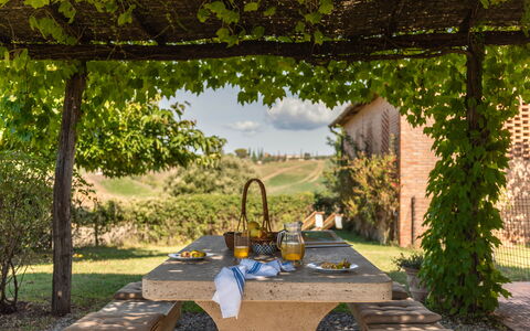 Country House In Tuscan Hills: Outdoor Furniture, Furniture, Outdoor Table, Shade, Garden, Leisure, Chair, Kitchen & Dining Room Table