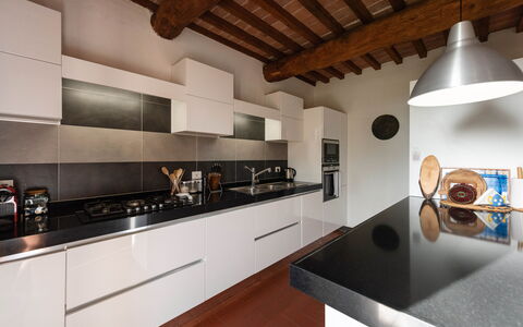 Country House In Tuscan Hills: Kitchen, Countertop, Interior Design, Kitchen Appliance, Major Appliance, Wood, Flooring, Kitchen Stove, Ceiling, Furniture