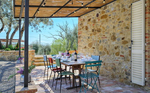 Marielena Authentic Chianti Retreat: Panoramic Vie: Furniture, Table, Outdoor Furniture, Kitchen & Dining Room Table, Chair, Outdoor Table, Patio, Shade, Dining Room, Restaurant