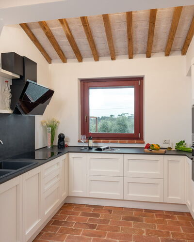 Marielena Authentic Chianti Retreat: Panoramic Vie: Kitchen, Countertop, Interior Design, Flooring, Kitchen Appliance, Cabinetry, Wood, Furniture, Floor, Home