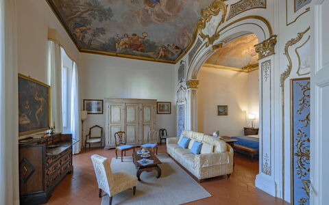 Elegant Suite: Florence Apartment with View on Med: Furniture, Interior Design, Flooring, Floor, Ceiling, Lighting, Room, Living Room, Chair, Picture Frame