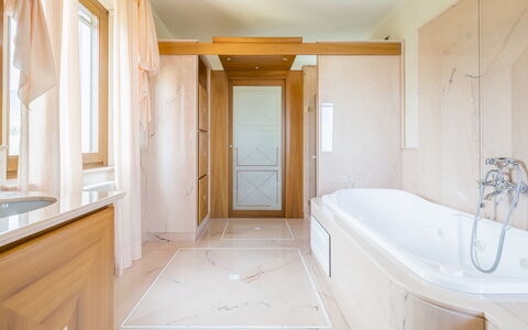 Villa Alessia Luxury: Flooring, Interior Design, Floor, Wood, Ceiling, Plumbing Fixture, Lighting, Bathroom, Home, Tap