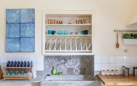 Villa Amelia: Kitchen, Interior Design, Shelving, Countertop, Shelf, Paint, Wood Stain, Natural Material, Ceramic, Tile