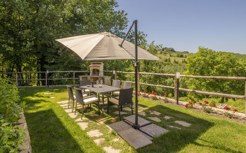 Villetta Cafaggio, Ac, Wifi, Panzano In Chianti: Furniture, Outdoor Furniture, Table, Chair, Outdoor Table, Garden, Umbrella, Kitchen & Dining Room Table, Backyard, Patio
