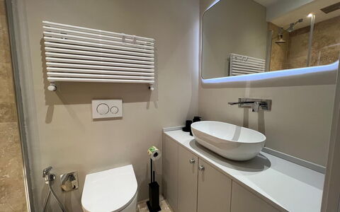 Via Roma 39: Bathroom, Bathroom Sink, Plumbing Fixture, Sink, Flooring, Interior Design, Toilet, Floor, Bathroom Cabinet, Mirror