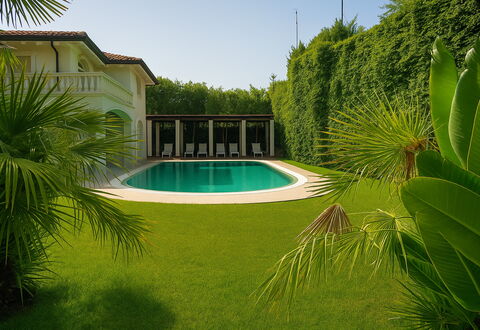 Villa Forte Dei Marmi, Pool & Garden: Green, Swimming Pool, Shrub, Home, Resort, Garden, Shade, Estate, Lawn, Yard