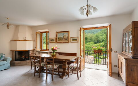 Villa Fornaci: Furniture, Interior Design, Wood, Table, Flooring, Ceiling, Chair, Room, Kitchen & Dining Room Table, Dining Room