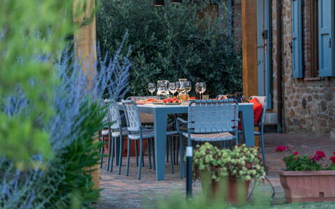 Casale Sunset: Furniture, Table, Chair, Outdoor Furniture, Outdoor Table, Kitchen & Dining Room Table, Tablecloth, Garden, Restaurant, Shade