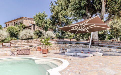 Villa Anna: Outdoor Furniture, Umbrella, Furniture, Chair, Swimming Pool, Outdoor Table, Shade, Flagstone, Patio, Garden