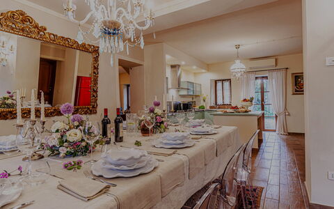 Villa Anna: Furniture, Interior Design, Table, Ceiling, Dining Room, Chair, Textile, Room, Kitchen & Dining Room Table, Lighting