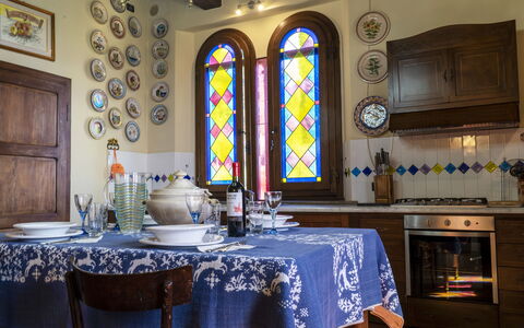 Country Historical House Lucca: Furniture, Interior Design, Wood, Lighting, Flooring, Table, Room, Tablecloth, Dining Room, Kitchen & Dining Room Table