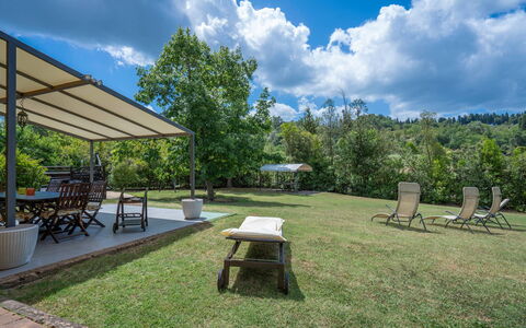 Casale La Canigiana, House, Pool, San Miniato: Tree, Furniture, Land Lot, Shade, Outdoor Furniture, Garden, Outdoor Table, Park, Lawn, Chair