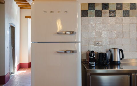 Mensano Old Town Apartment: Kitchen Appliance, Major Appliance, Kitchen, Home Appliance, Countertop, Small Appliance, Interior Design, Refrigerator, Cabinetry, Shelf