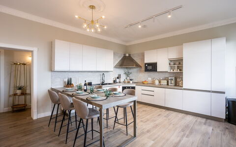 Casa Coccinella: Furniture, Interior Design, Kitchen, Flooring, Countertop, Floor, Chair, Light Fixture, Wood, Kitchen & Dining Room Table