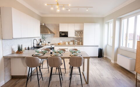 Casa Coccinella: Furniture, Interior Design, Flooring, Floor, Kitchen, Chair, Countertop, Wood, Kitchen & Dining Room Table, Ceiling