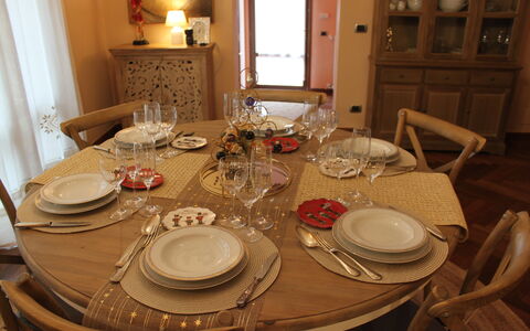 Holiday Home Croce With Spa: Furniture, Table, Tableware, Dining Room, Kitchen & Dining Room Table, Chair, Interior Design, Tablecloth, Serveware, Stemware