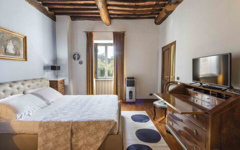 Villa Tambellini De Fondra: Bedroom, Interior Design, Bed, Furniture, Wood, Bed Sheet, Bedding, Flooring, Room, Floor