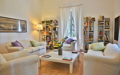 Casale Il Rondò, Private Pool, Città della Pieve: Furniture, Interior Design, Flooring, Wall, Couch, Floor, Wood, Living Room, Bookcase, Room