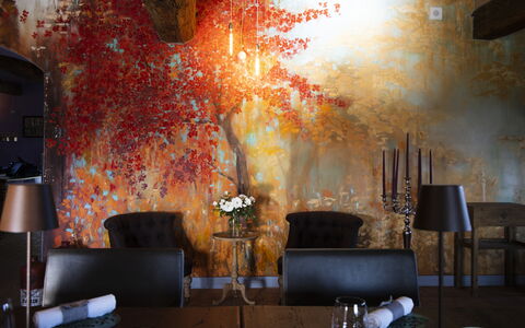 Le Tre Virtù Luxury Relais, Private Pool, Mugello: Furniture, Interior Design, Orange, Lighting, Chair, Light Fixture, Room, Ceiling, Natural Material, Living Room