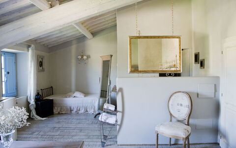 Le Tre Virtù Luxury Relais, Private Pool, Mugello: Furniture, Wall, Interior Design, Floor, Flooring, Ceiling, Bedroom, Room, Bed, Home