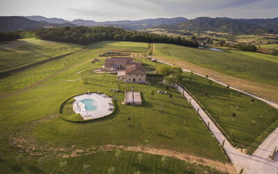 Le Tre Virtù Luxury Relais, Private Pool, Mugello: Plain, Estate, Farm, Aerial Photography, Bird'S-Eye View, Swimming Pool, Villa