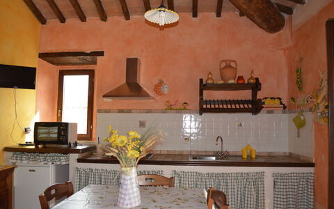 Agriturismo Bellavista, Private Pool, Val D'Orcia: Furniture, Interior Design, Wood, Flooring, Room, Floor, Ceiling, Home, Chair, Kitchen