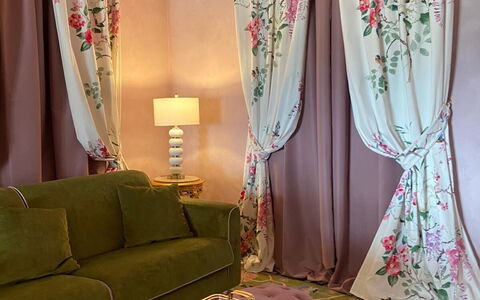 Villa Elisa: Furniture, Interior Design, Window Covering, Curtain, Pink, Window Treatment, Textile, Lighting, Room, Living Room
