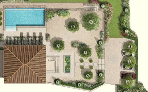 Villa Elisa: Garden, Landscaping, Backyard, Design, Yard, Courtyard, Patio, Outdoor Structure, Flagstone, Mansion