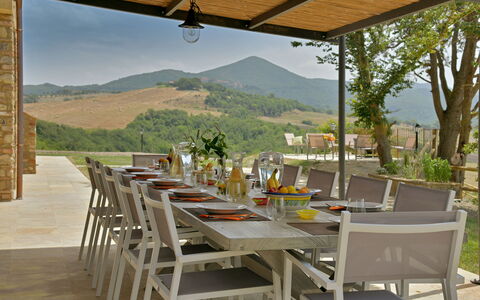 Villa Il Noccioleto: Furniture, Table, Outdoor Furniture, Wood, Chair, Kitchen & Dining Room Table, Outdoor Table, Restaurant, Patio, Dining Room